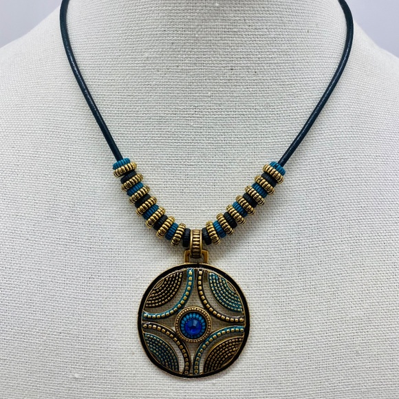 Chico's Bronze and Blue Swarovski Crystal Medallion Necklace - Picture 1 of 6
